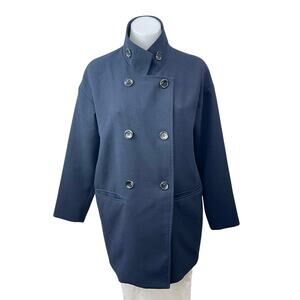 Makmaks Womens Navy Blue Double Breasted Collared Long Sleeve Pea Coat Jacket OS